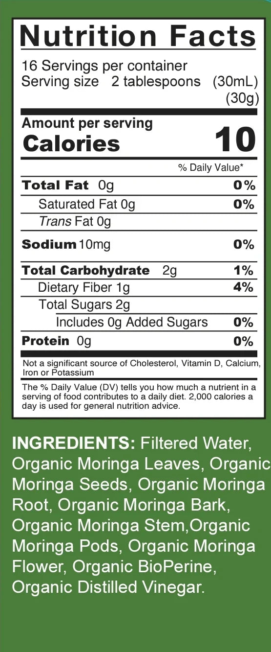 Nutrition Facts panel for moringa liquid extract with ingredients list and serving data