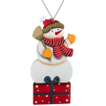 Hand-painted plywood snowman ornament with red striped scarf and gift box