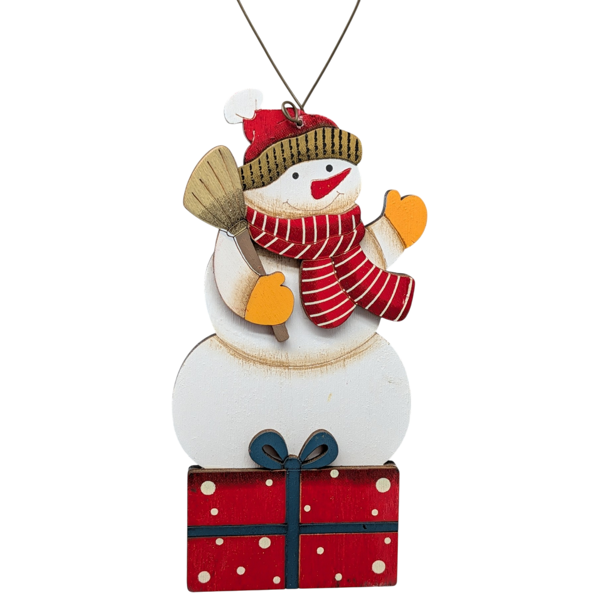 Hand-painted plywood snowman ornament with red striped scarf and gift box