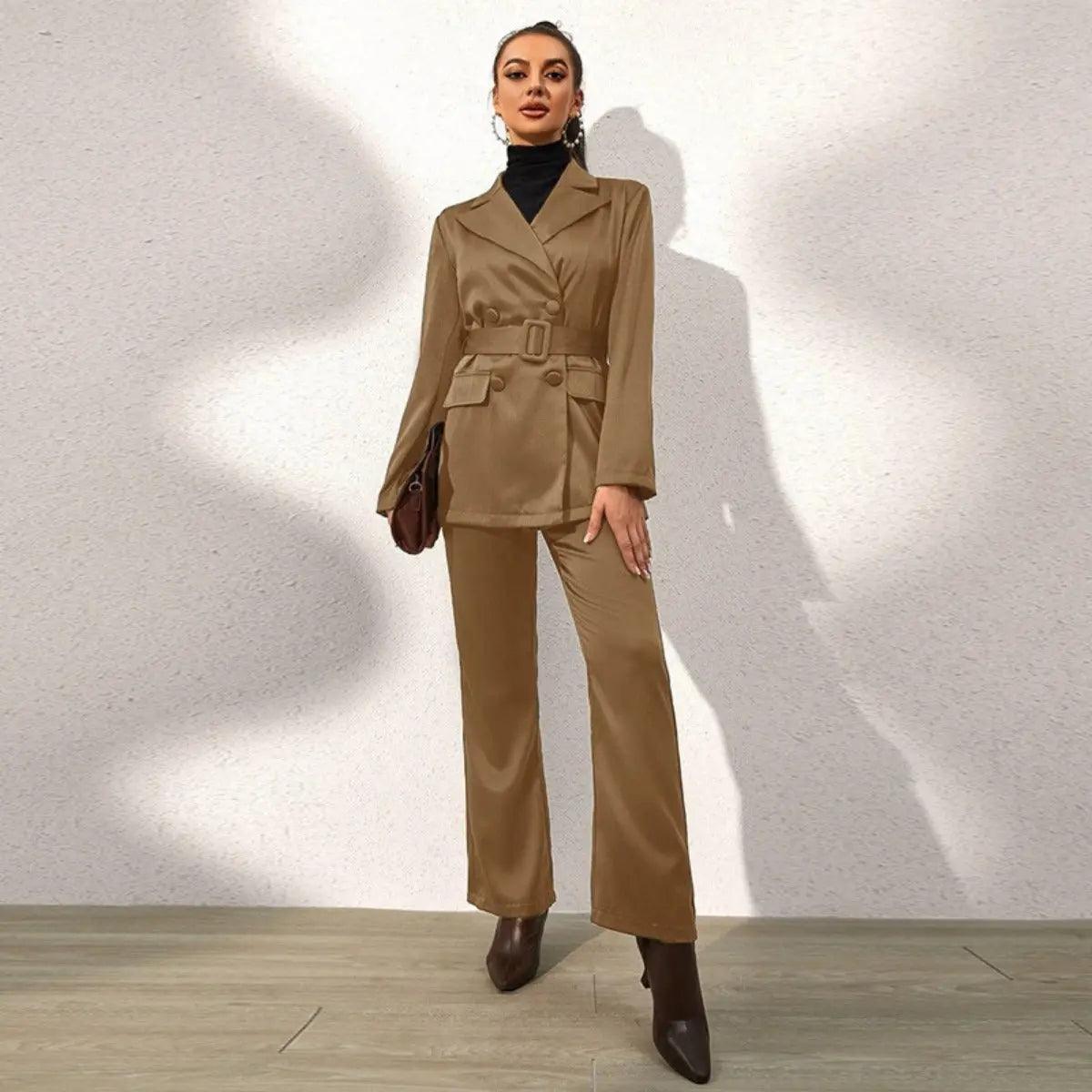 Women’s dark khaki blazer and wide-leg pants suit set with front button and patch pockets
