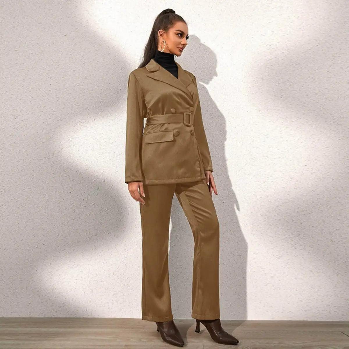 Women’s dark khaki tailored blazer and matching wide-leg pants suit set with belt details