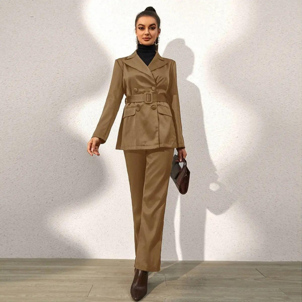 Women’s dark khaki office blazer and matching straight-leg pants suit set, belted waist