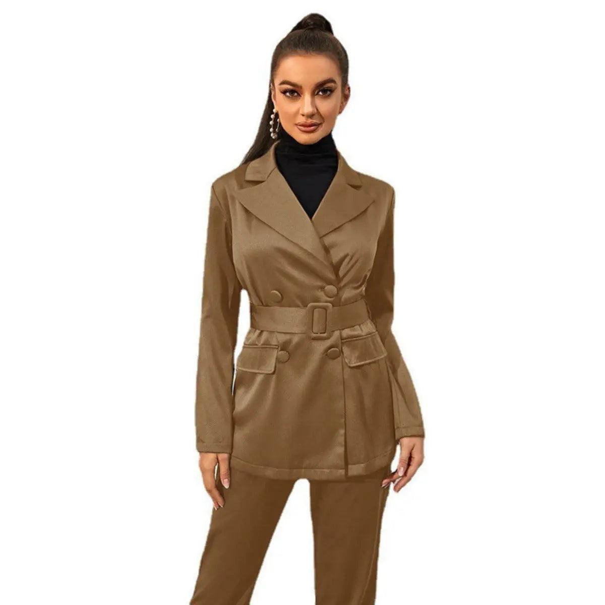 Women’s dark khaki tailored blazer and matching pants suit set with double-belt front