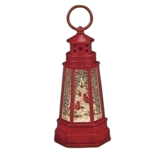 7-inch lighted lantern with cardinal shimmer inside, red metal