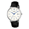 Casio analog watch with white dial, blue hands, date window, silver case, and black leather strap