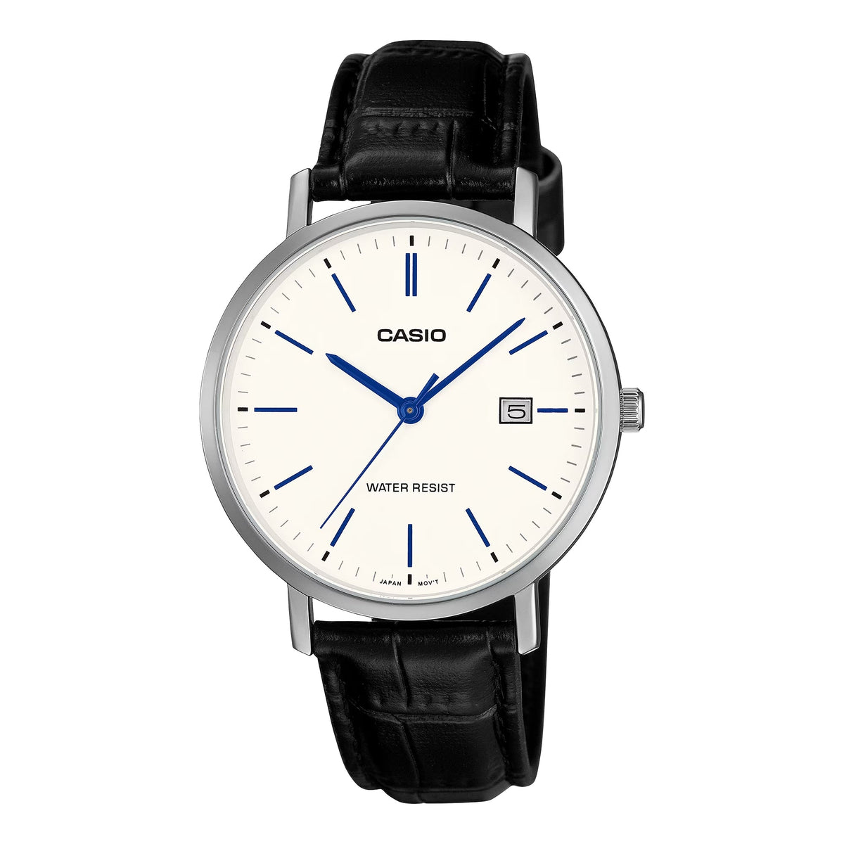 Casio analog watch with white dial, blue hands, date window, silver case, and black leather strap