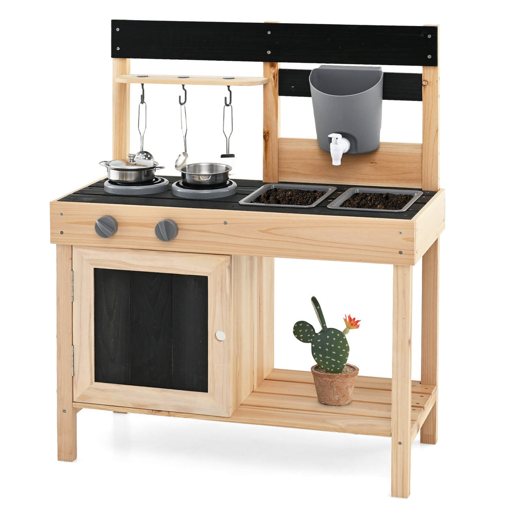 Kids outdoor play kitchen with black cooktop, two sink compartments, and chalkboard door