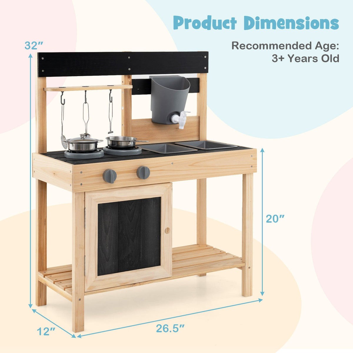 Kids outdoor play kitchen with black countertop, two burners, and gray sink