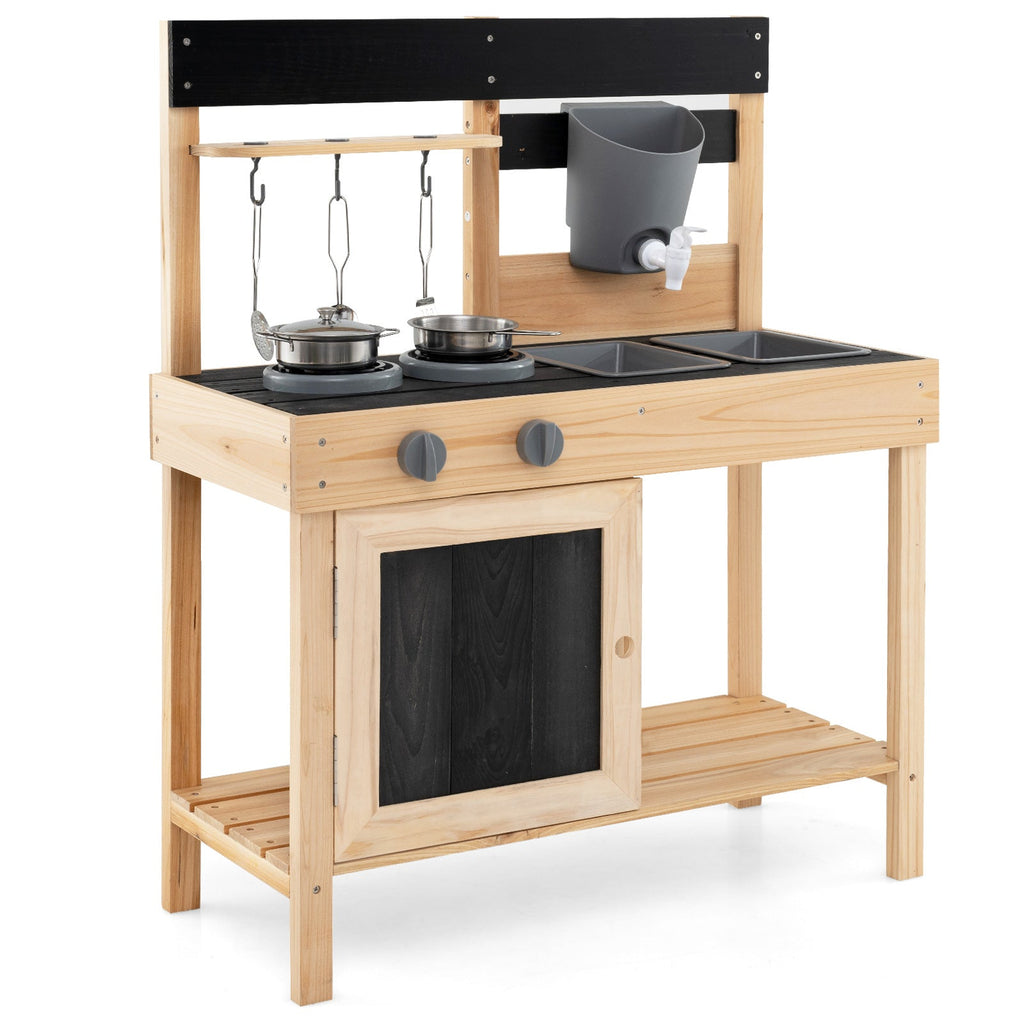 Kids wooden play kitchen with black countertop, two stovetops, and gray sink