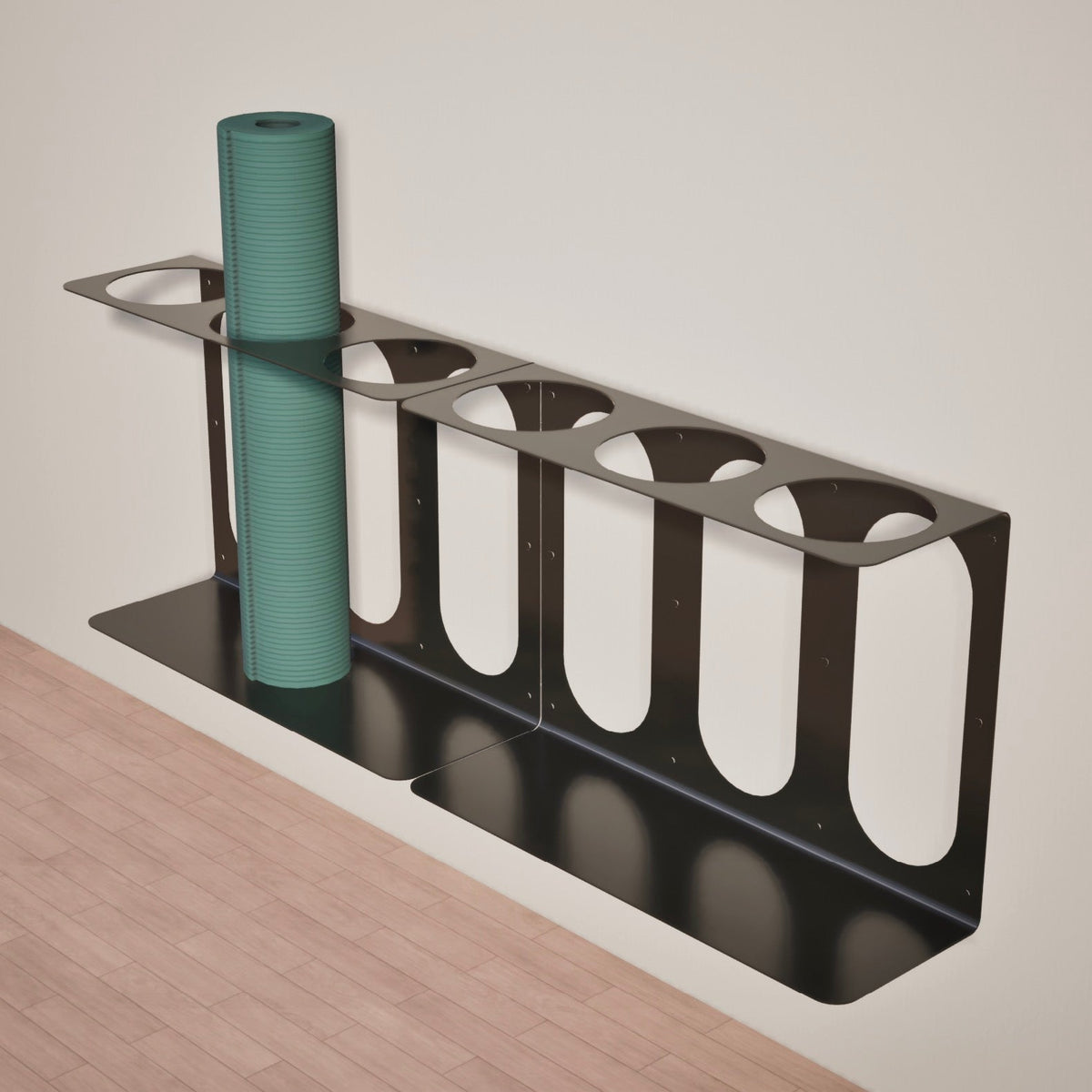 Dark yoga mat rack holding three rolled yoga mats