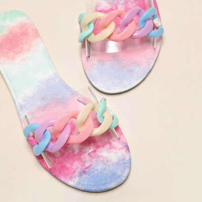 Pastel tie-dye open-toe flat slide sandals with colorful chain strap detail