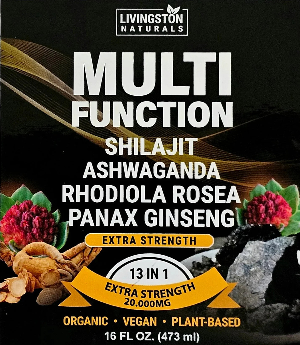 Livingston Naturals supplement label listing shilajit, ashwagandha, rhodiola rosea and Panax ginseng
