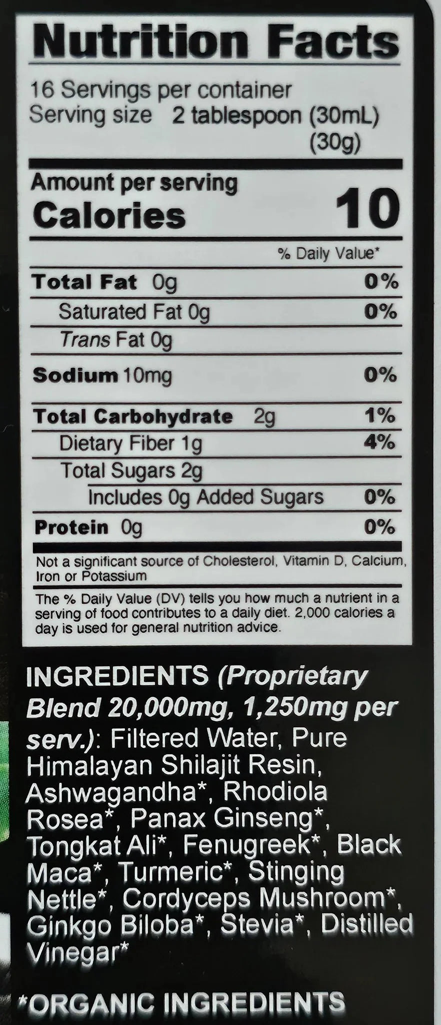 Supplement nutrition facts and ingredient label for a shilajit and herbal blend