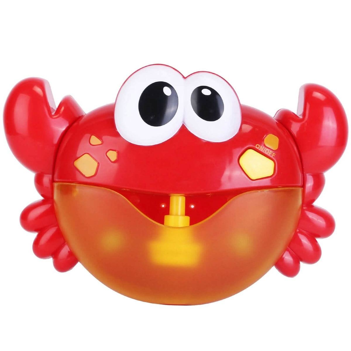Red crab bubble bath maker with large eyes, open top, and gold nozzle
