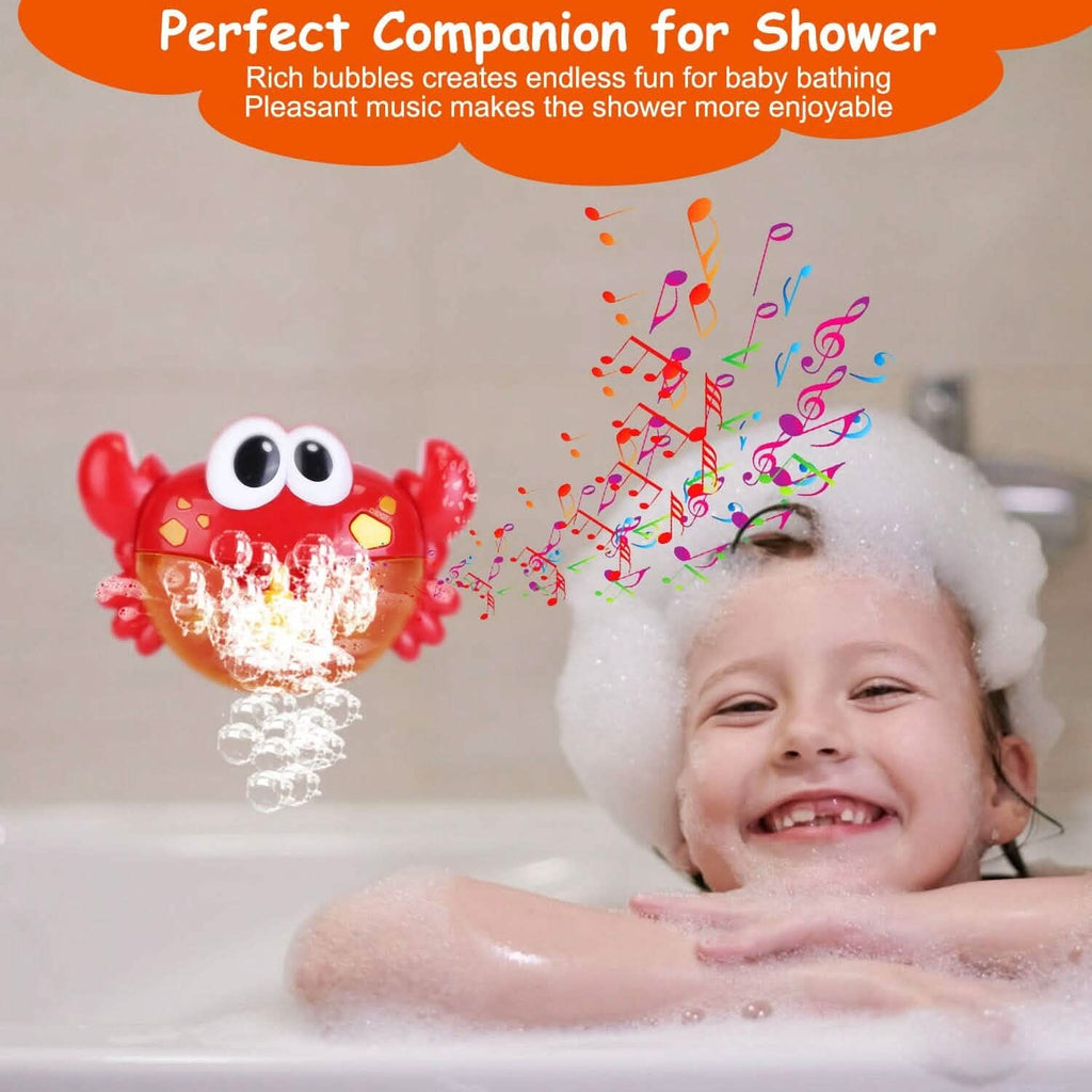 Red crab bubble bath maker creating bubbles for baby bath time