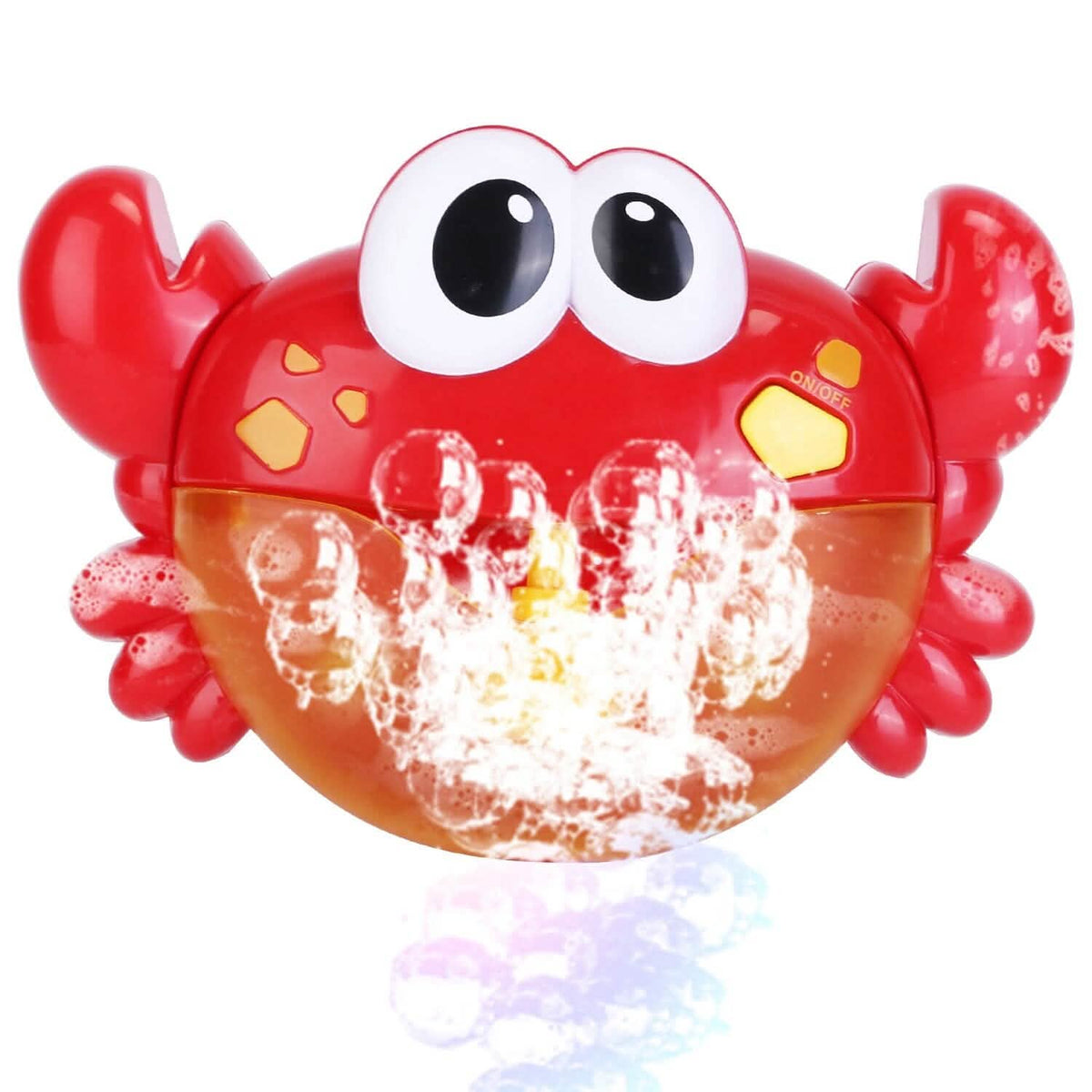 Red crab bubble bath maker releasing foamy bubbles from the front nozzle