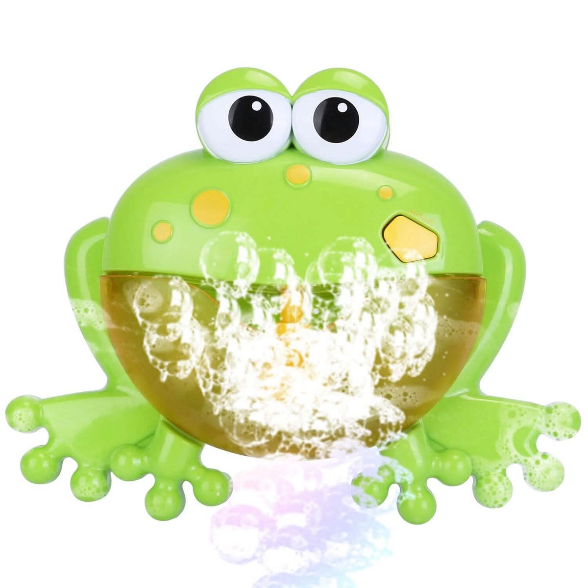 Green frog bubble bath maker blowing foamy bubbles from the open top nozzle