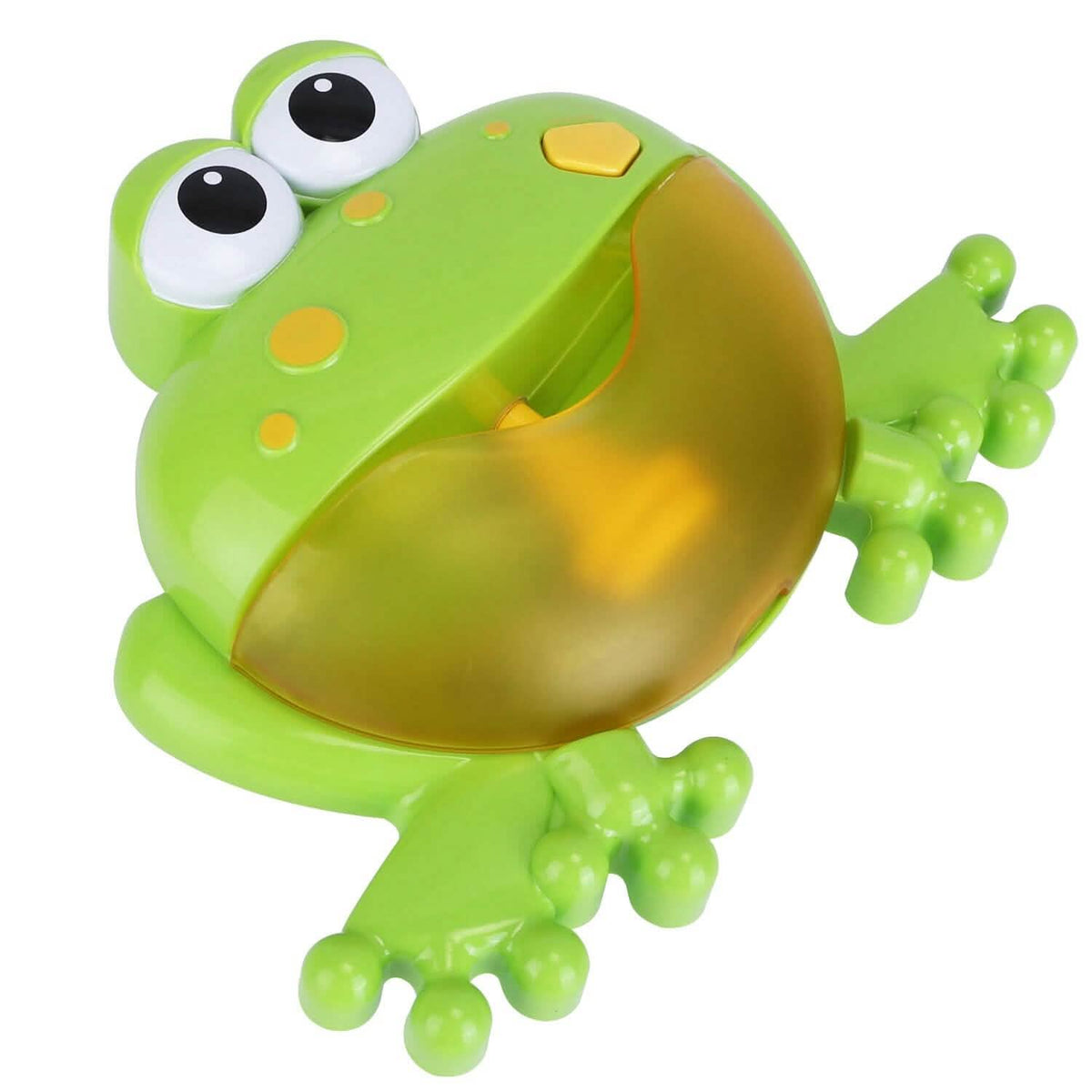 Green frog bubble bath maker toy in angled side view with gold nozzle