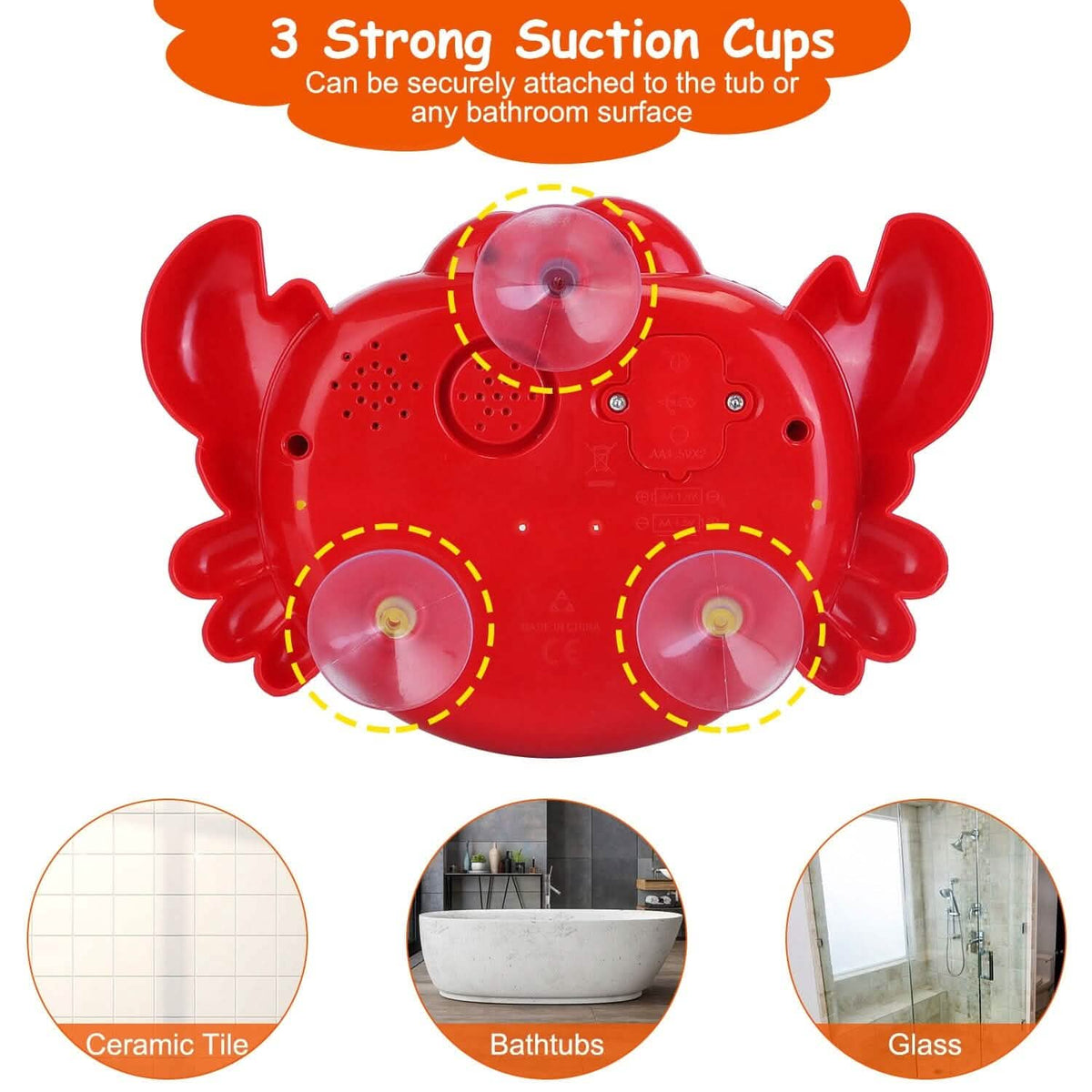 Red crab bubble bath maker with three suction cups for tub or bathroom surfaces