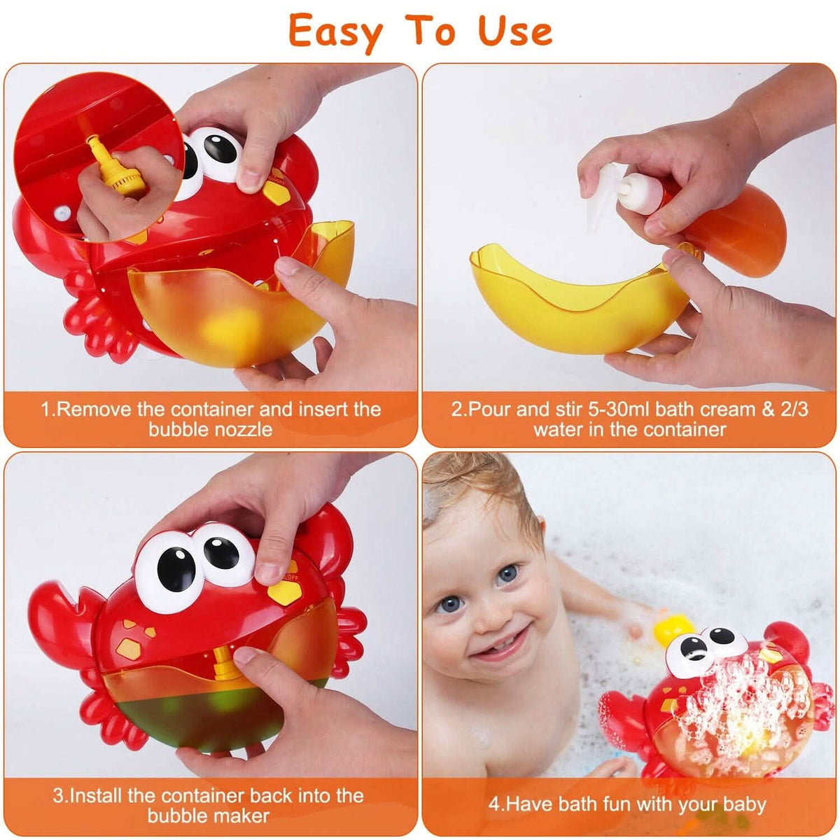 Red crab bubble bath maker with suction base and bubble nozzle for bathtubs