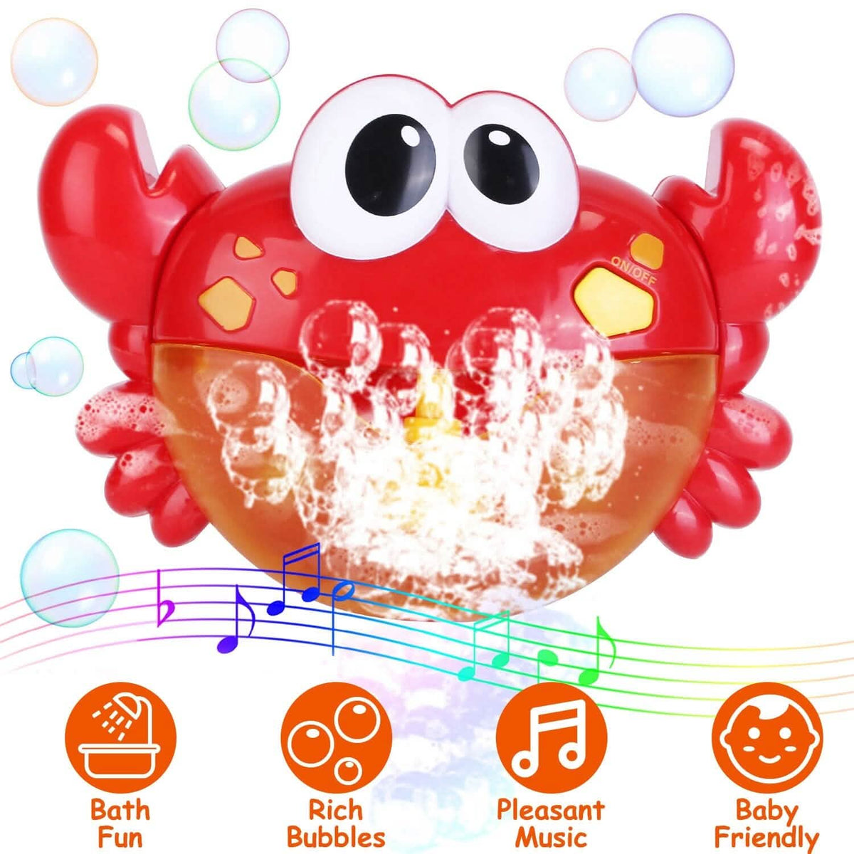 Red crab bubble bath maker with foamy bubbles and floating bubble bubbles around it
