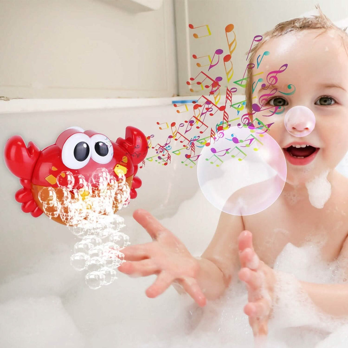 Red crab bubble bath maker spraying bubbles during a toddler bath