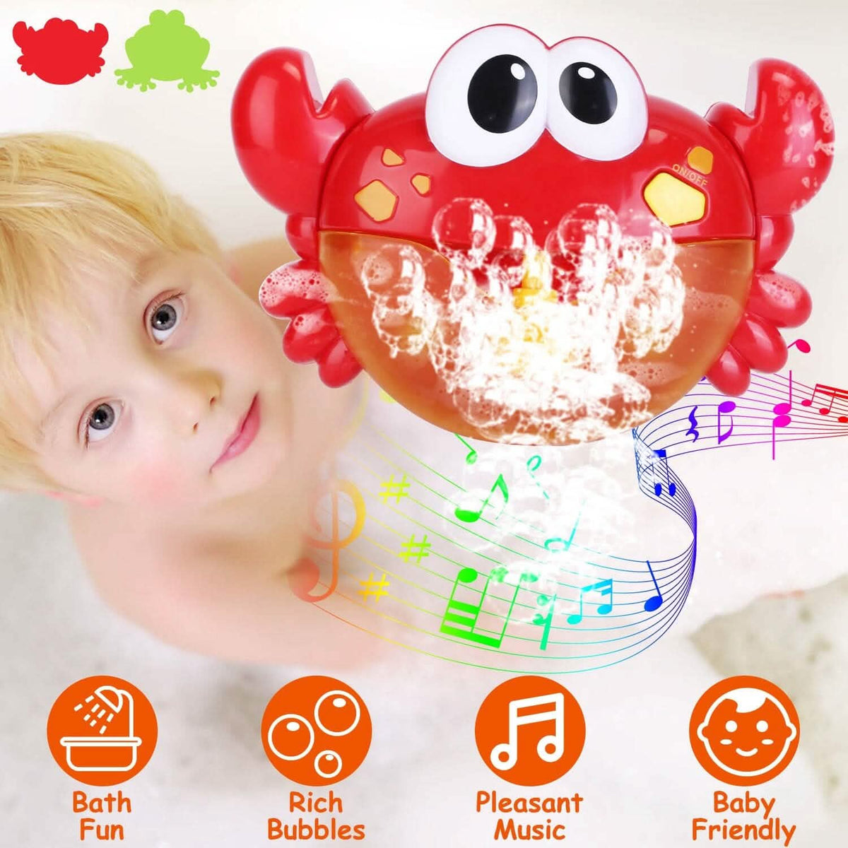 Red crab bubble bath maker with foamy bubbles next to a toddler