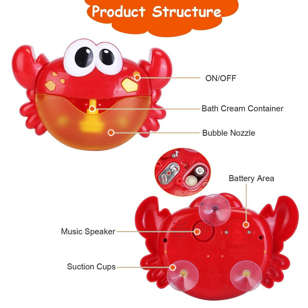 Red crab bubble maker diagram with suction cups, battery area, and music speaker
