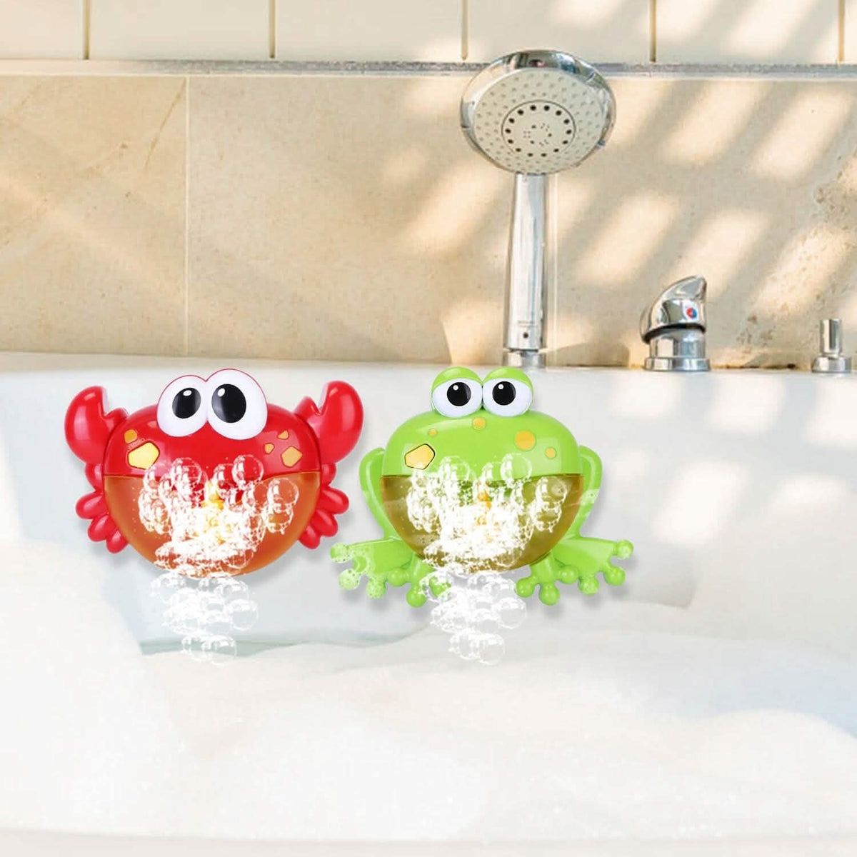 Crab and frog bubble bath makers shown together, red and green with bubble spray