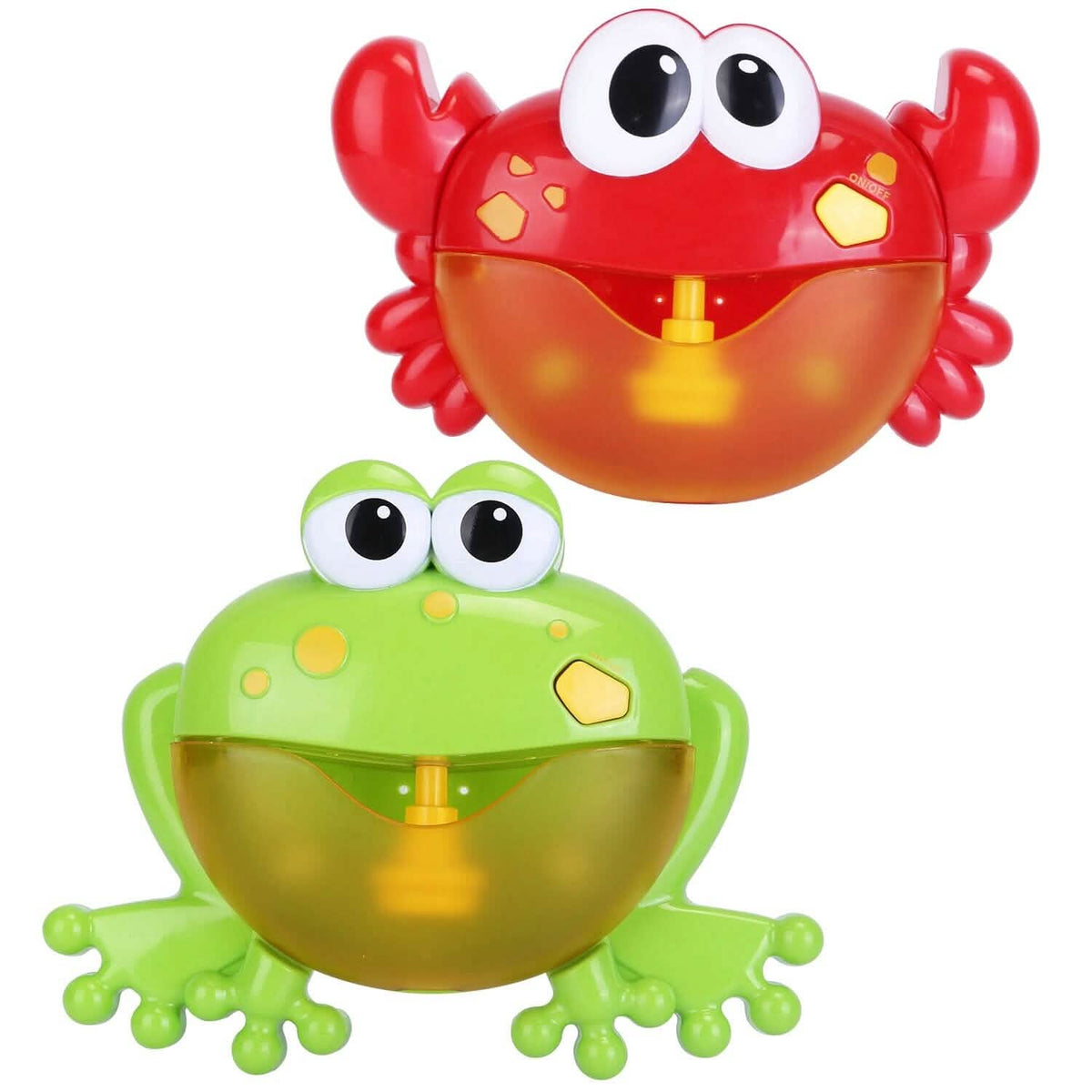 Red crab and green frog bubble bath makers with big cartoon eyes and open tops