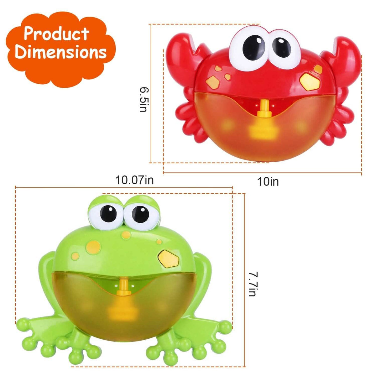 Crab and frog bubble bath makers, red and green toy designs with bubble tanks