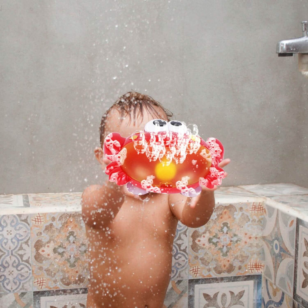 Red crab bubble bath maker with bubbles over a toddler’s head during bathing