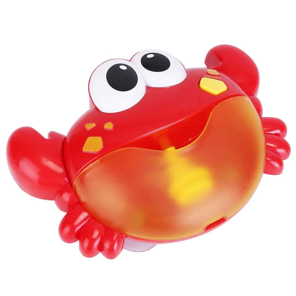 Red crab bubble bath maker toy with side view and gold nozzle on open top
