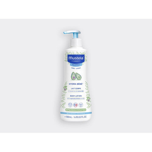 Mustela Hydra Bébé Organic Avocado body lotion bottle with pump dispenser