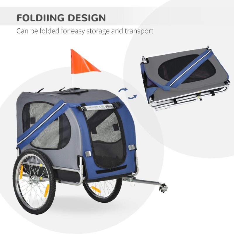 Folding pet bike trailer cargo cart with orange flag and zippered mesh side door