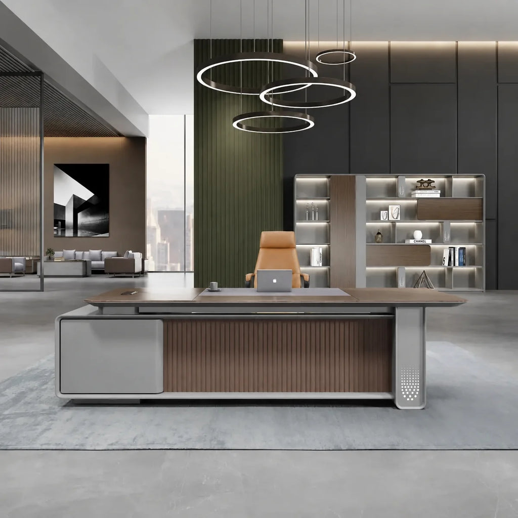Contemporary executive desk with ironwood front panel and grey metal base with ventilation slots.