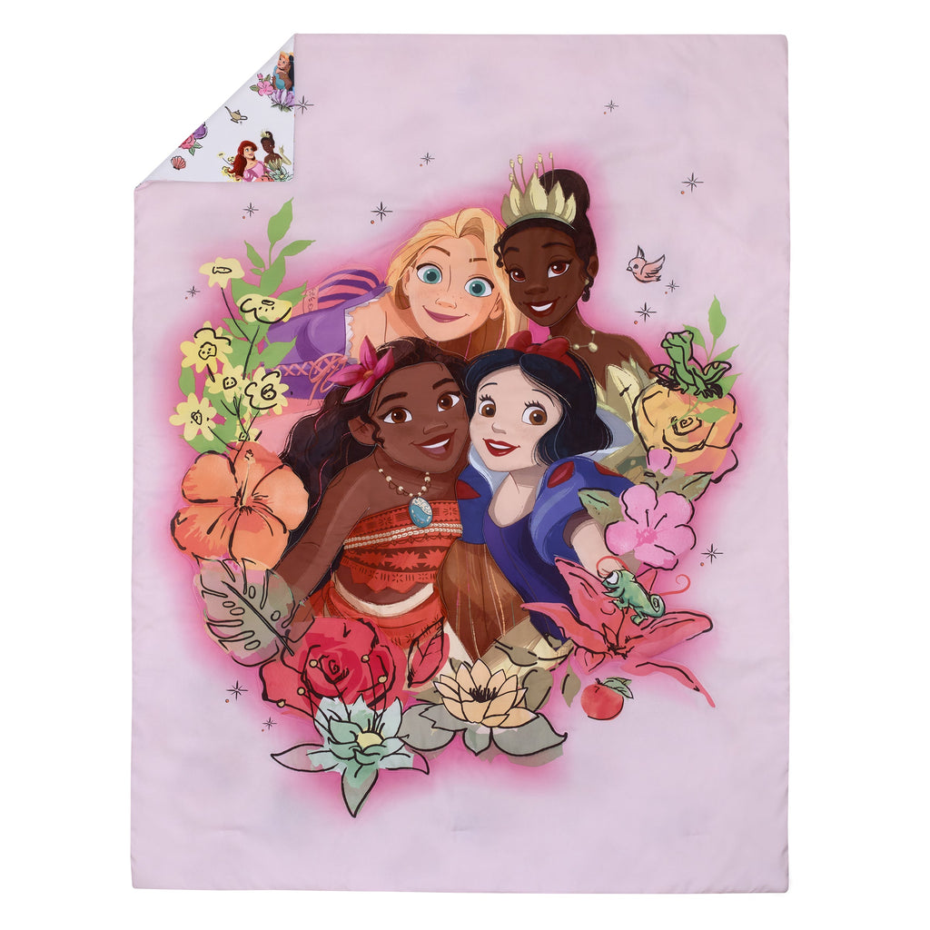 Decorative pillowcase with group of Disney princesses and flowers on light pink