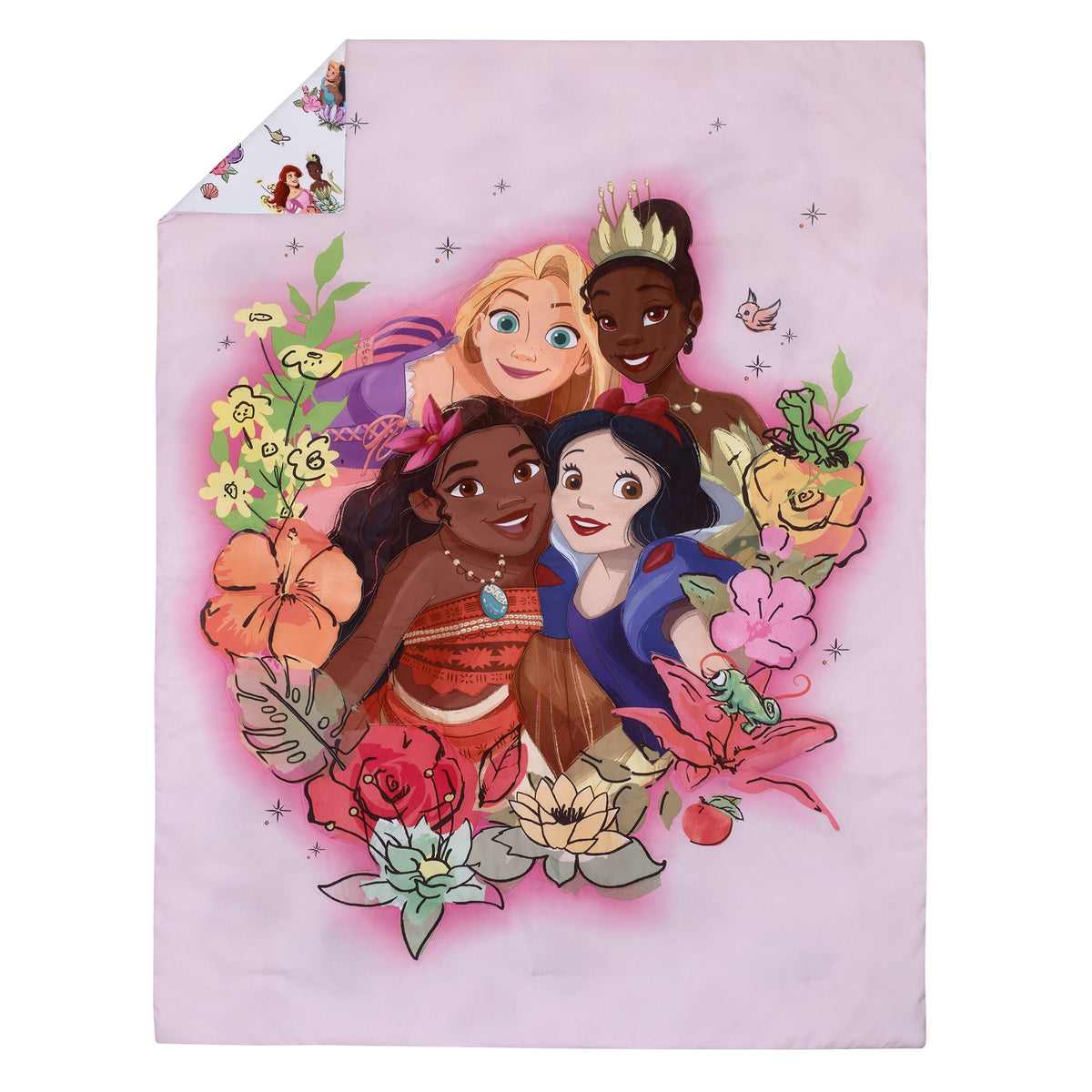 Decorative pillowcase with group of Disney princesses and flowers on light pink