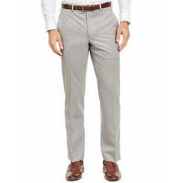Light gray dress pants with zip fly, belt loops, side pockets, and cuffed hem