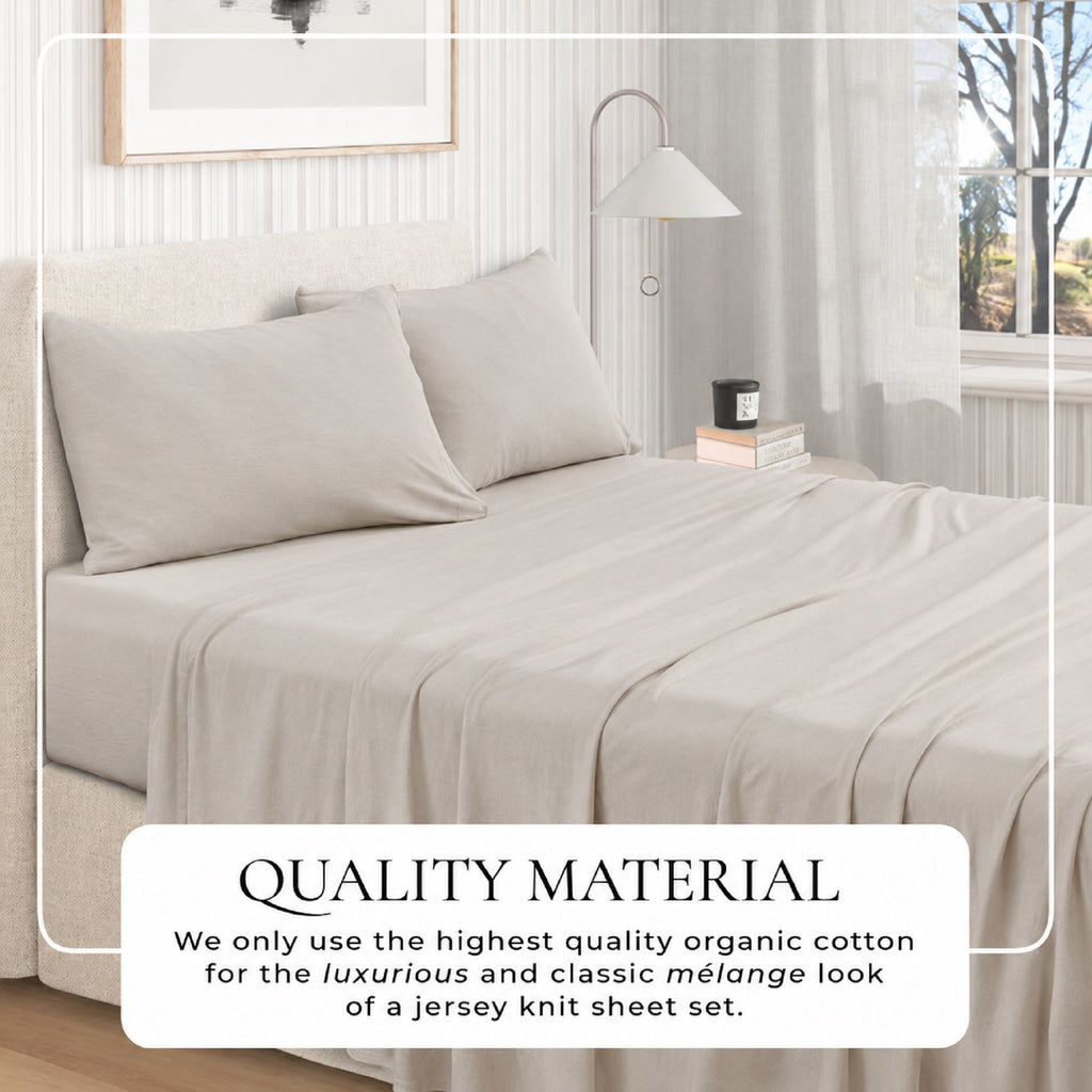 Sand jersey knit sheet set on bed with two matching pillowcases