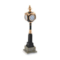 Uptown style tabletop clock ornament with black pedestal and gold round faces