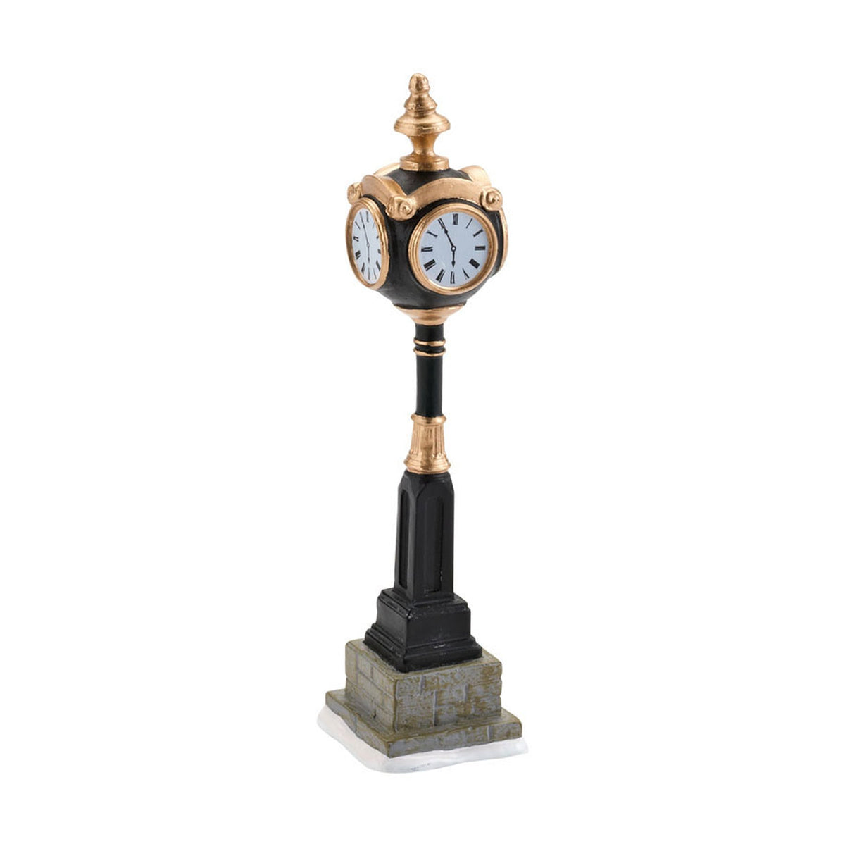 Uptown style tabletop clock ornament with black pedestal and gold round faces