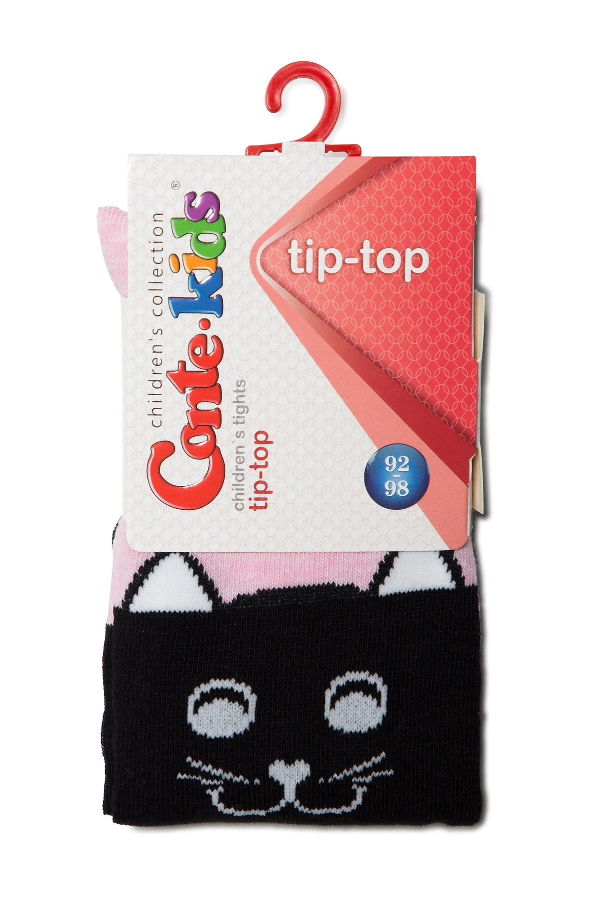 Kids' cotton tights, pink top and black cat-face design; tip-top size 92-98
