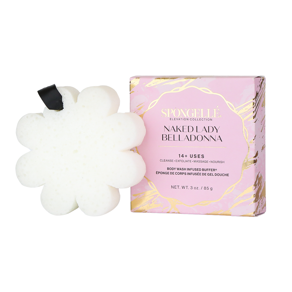 Body buffer flower with black ribbon, boxed Naked Lady Belladonna by Spongelle