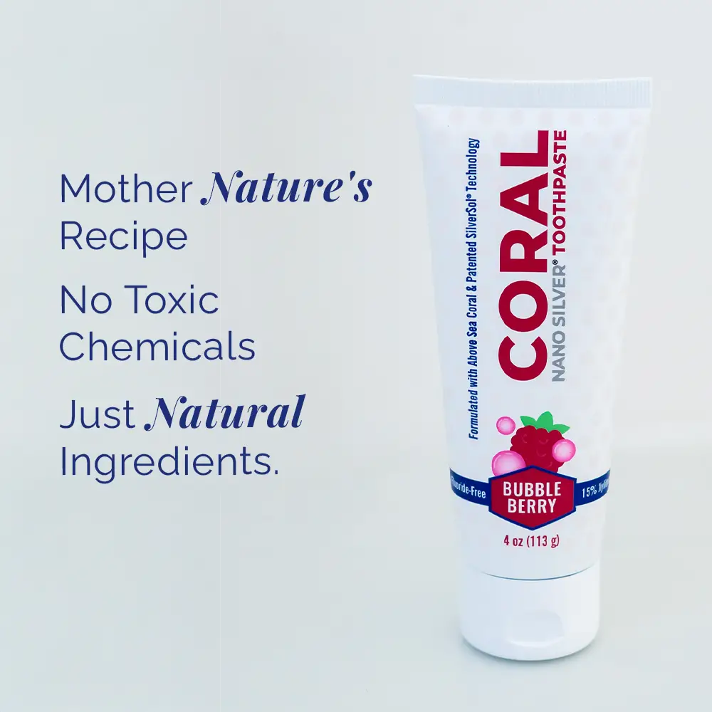 White CORAL nano silver toothpaste tube with bubble berry graphic, 4 oz