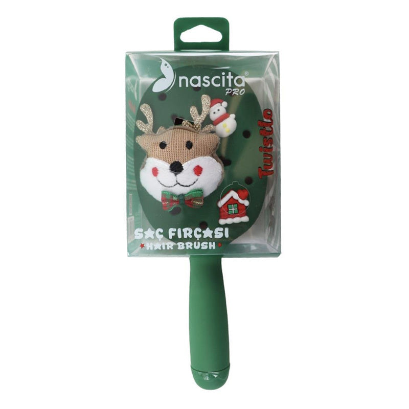 Green holiday hair brush with 3D reindeer and snowman on paddle head