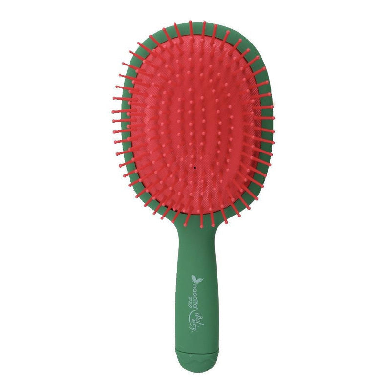 Green handle paddle hair brush with red bristle pad and green pins