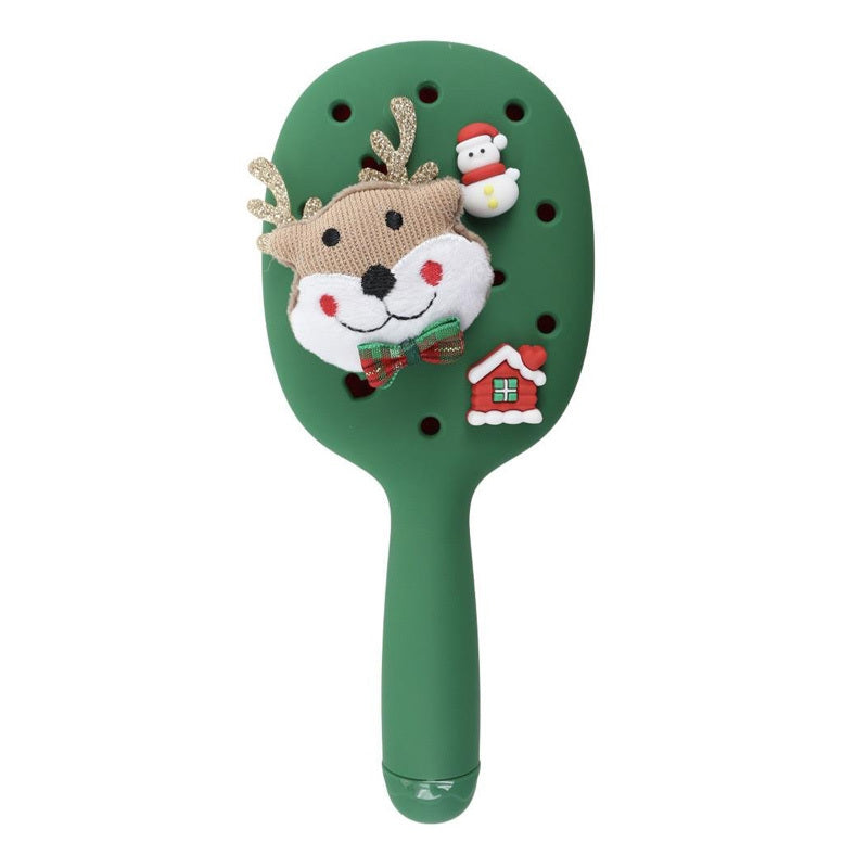 Green holiday hair brush with reindeer and snowman 3D charms on brush head