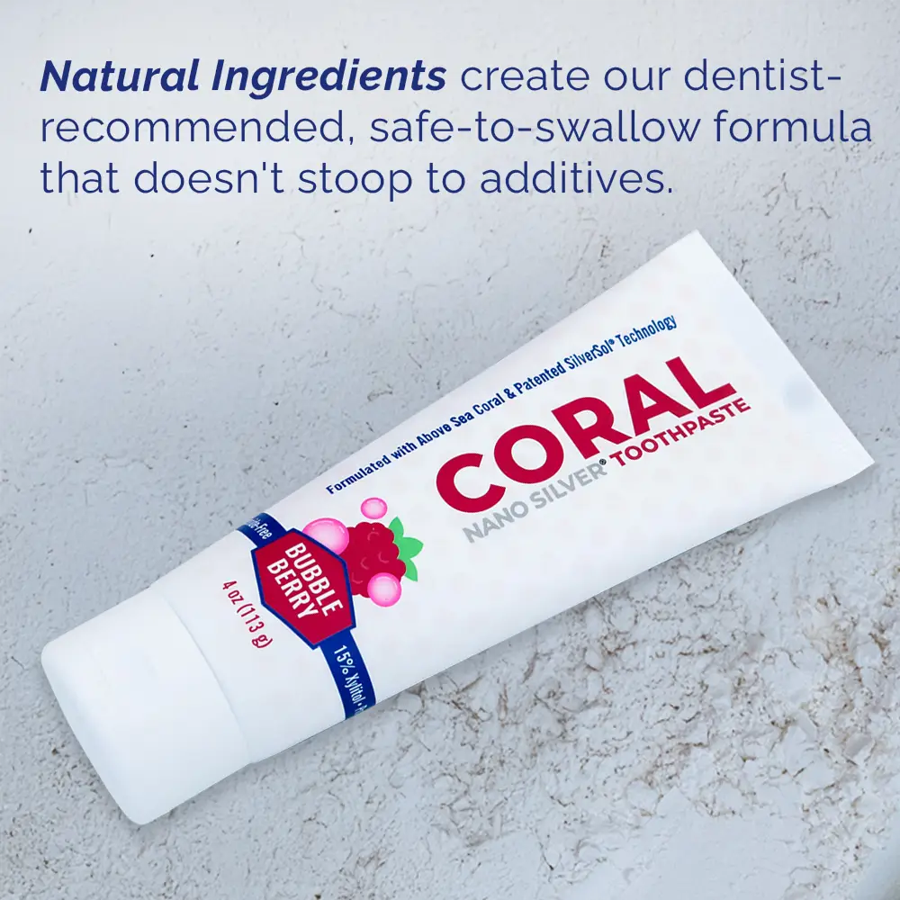 CORAL nano silver toothpaste tube, bubble berry ribbon label on white tube
