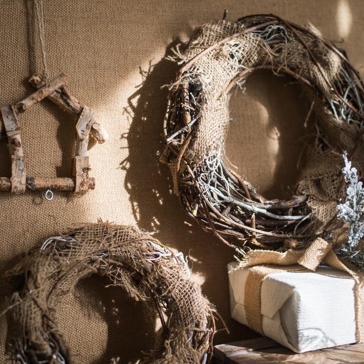 Natural wreath ring with burlap ribbon and frosted branch accents